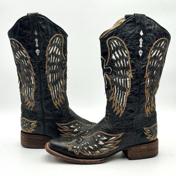 Corral Vintage Mens 10M Cowboy Boots Square Toe Western Embroidered Wings Cross - Picture 1 of 12